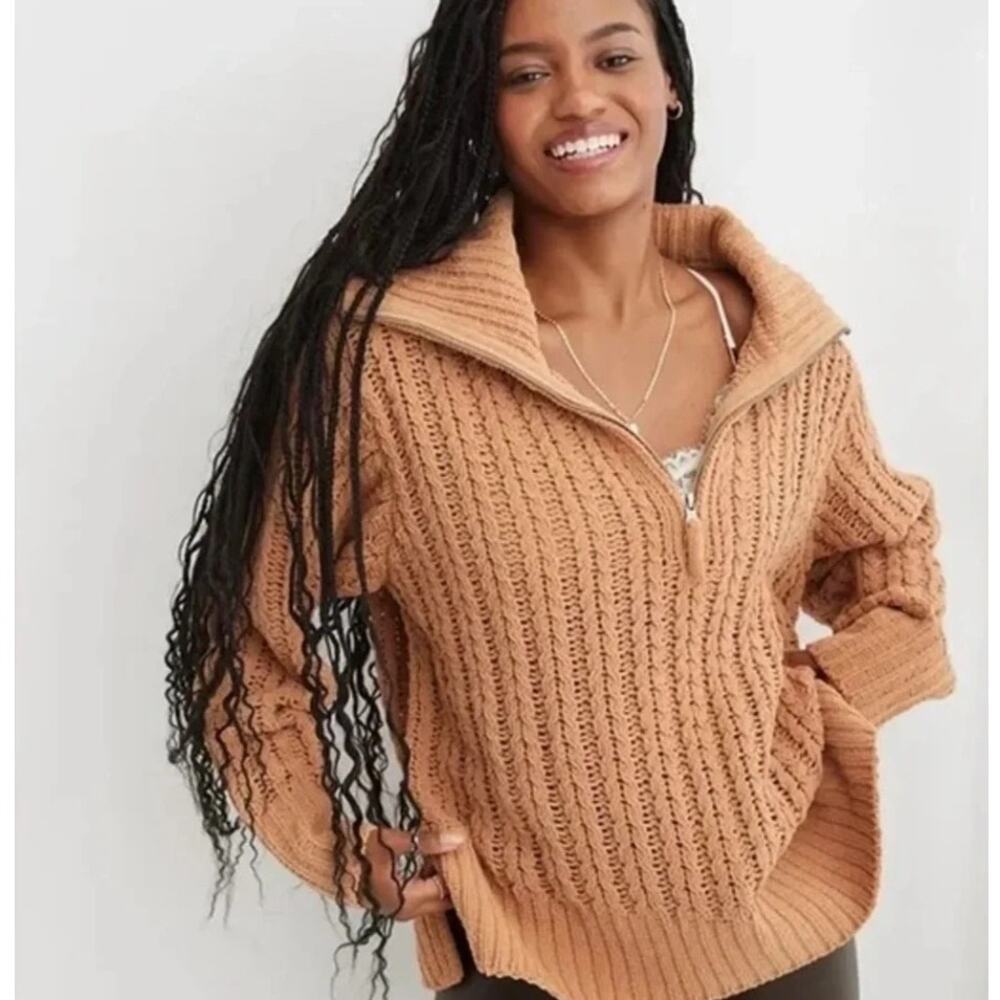 Aerie NEW Chenille Sweater Womens Medium Camel Chunky Knit 1/4 Zip Oversized NWT